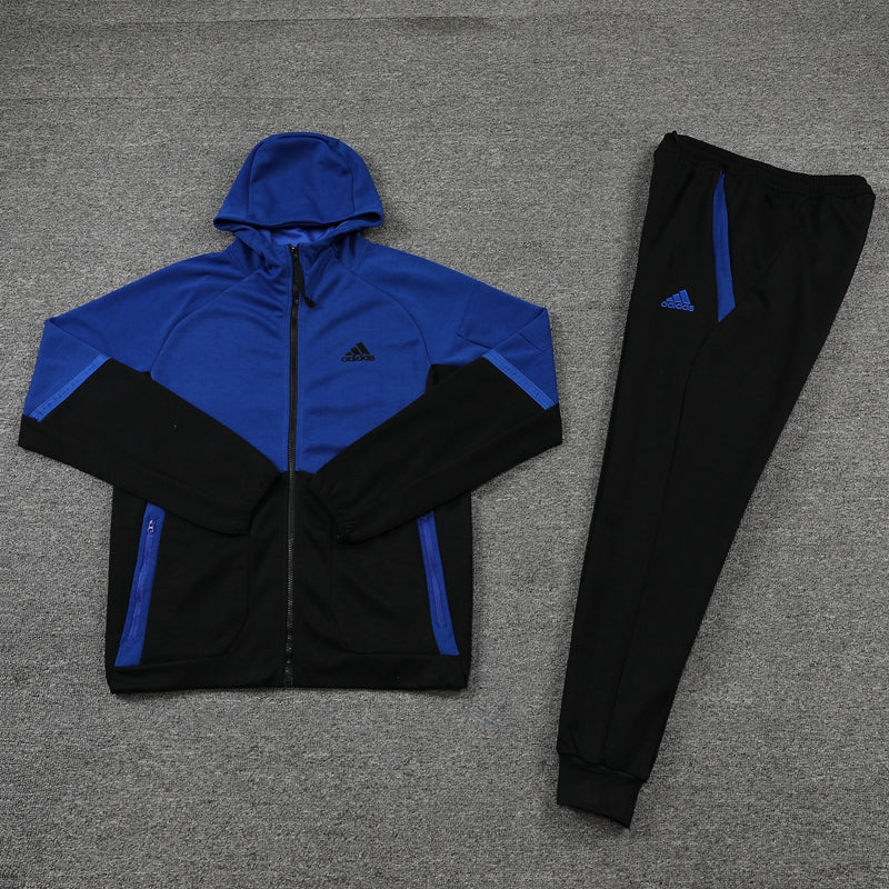 Conjunto Moletom Adidas - Jaqueta com Capuz + Calça, Azul com Preto